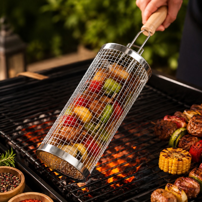 Outdoor Camping Essentials - Yuvarlak Barbekü Izgara Sepeti Seti Paslanmaz